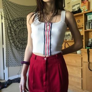 White tank top with blue and red stripes